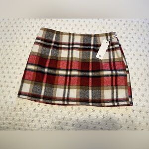 Plaid Wool Blend Skirt - Red and Brown